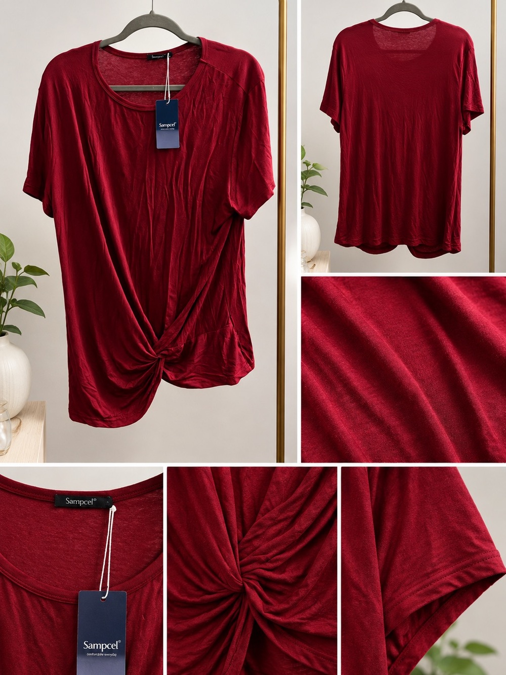 Sampcel™ Women's Twist-Front Short Sleeve Tee in Burgundy